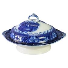 Antique English Watteau Flow Blue Stoneware Tureen with Courting Scene C1870 picture