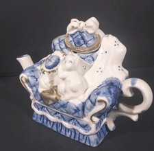 Vintage ALT Ceramic Armchair Cat Teapot Blue White Gold No. HP0499 Cottagecore picture