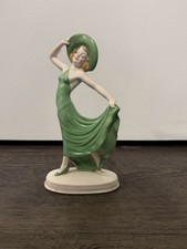 Vintage Royal Trico Japan Art Deco Lady Figurine Green Dress Hat Porcelain picture