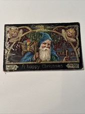 Vintage Christmas Postcard Santa Claus In Blue Cloak Toys Tree Angels 1912 picture