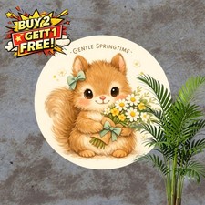 Cute Bunny Rabbit White Flowers Bouquet 8x8 Round Metal Tin Sign Wall Plaque picture