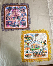 2 Vintage Wyoming Satin Souvenir Pillow Covers Cheyenne Western Cowboy Fringe picture