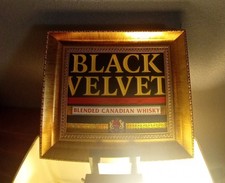Beautiful Black Velvet Whiskey Sign In A Gold Toned Frame picture