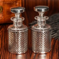 Elegant Pair Antique Crystal Perfume Scent Cologne Bottles Sterling Silver picture