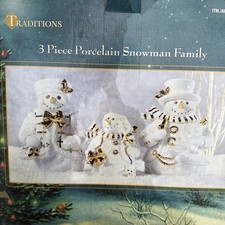 Vintage Traditions 3 Piece Porcelain Snowman Family White Gold Trim New 220301 picture