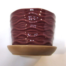 Small 3x4 Vintage Burgundy Wave Clay Pottery Cactus Planter w Attached Drip Tray picture