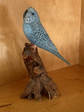 Hand Carved Hand Painted Blue Budgie Parakeet Budgerigar on Wood Stump  picture