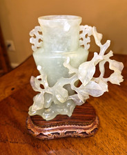 Chinese Carved Light Green Stone Vase/Jar w/ Floral Relief & Wood Stand picture