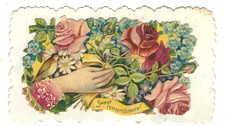 VTG Victorian Embossed Die Cut Card Tag Sweet Remembrance Handing A Bouquet Rose picture