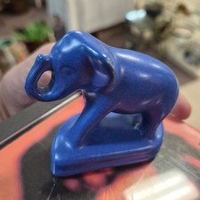 Vintage Blue Matte Pottery Elephant Figurine Trunk Up Signed Base Oval 4-5in picture