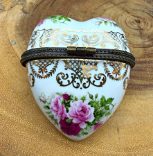 Vintage Limoges-Style Oval Rose Floral Porcelain Hinged Trinket Box picture
