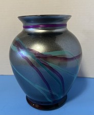 Vintage Signed Nielsen-Nisley Art Handpainted Vase Metallic Iridescent 7.5”_ picture