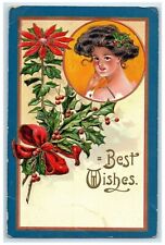 Best Wishes Woman Poinsettia Flower Berries Christmas General Delivery Postcard picture