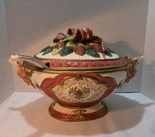 Fitz and Floyd Christmas Classic Florentine Tureen w/Ladle Ribbon Pinecones  picture