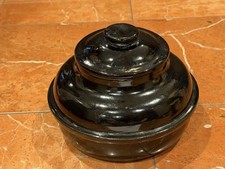 Vintage 1940s Black Glossy Stoneware Pottery Crock Bean Pot & Lid Round Baker EU picture