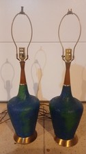 Matched Pair Mid-Century Modern Ceramic Table Lamps c.1960 — Cobalt & Emerald Gl picture