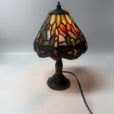 Vintage Tiffany Style Stained Glass Dragonfly Table Accent Hall Lamp 10” Tested picture