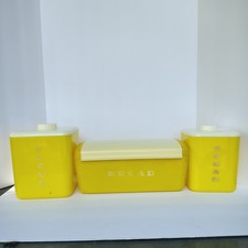 Vintage 1950s Lustro Ware Yellow Nesting Canisters Bread Box Mid Century Modern picture