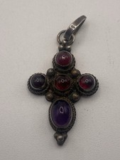 Handcrafted Sterling Silver Cross Pendant Accent With Cabochon Garnet Amethyst picture