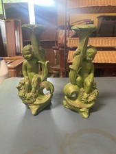 charming vintage pair of mid-century avocado green cherub candlestick holders. picture