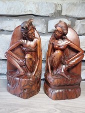 Beautiful Antique Balinese Art 12” Man / Woman Wood Carving Sculptured Book Ends picture