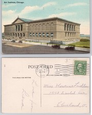 1915 Art Institute Chicago Postcard Vintage Auto Cars Illinois Architecture picture