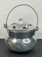 Claire Burke Metal Potpourri W/Lid + Wire Handle Leaf Details & Cut Outs Vintage picture