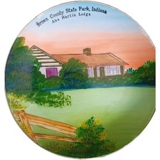 Hand Painted Brown County State Park Indiana Abe Glass Wall Plate Gold Rim Hngr  picture