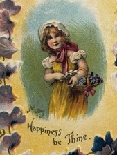 Antique Greeting Card May Happiness Be Thine Victorian Girl With Flowers picture