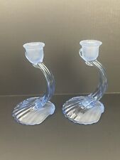Vintage Cambridge Caprice Glass Blue Seashells Frosted Candle Holders Art Deco picture