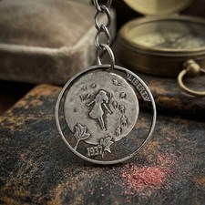 1937 Hobo Nickel Cut Coin Keychain Little Girl Floating to the Moon Fairy Tale picture