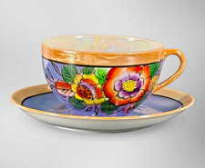 Antique Hand Painted Nippon Lusterware Floral Teacup & Saucer Set picture