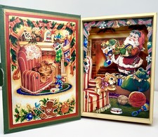 VTG Enesco Old Time Santa Animated Christmas Music box Wooden Book Wind Up WORKS picture