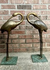 Vintage MCM Brass Heron Crane Sculptures – Pair – Green Marble Bases – 24” picture