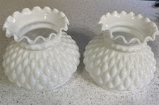 2 VTG Indiana Glass Milk Glass Quilted Diamond Ruffled Hurricane Lamp Shades picture