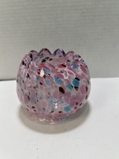 Art Glass Rose Bowl Ruffled Rim Speckled Pink Blue White Multi Color Vintage picture