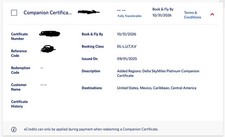 Delta Airlines Companion Certificate - Fully Transferable Valid til 10/31/2026 picture