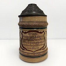 Antique German 1/2 Liter Stoneware Beer Stein c.1900 w/ Ornate Pewter Lid picture