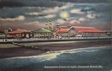 Savannah Beach GA. Amusement Center at Night - Early Linen Postcard picture