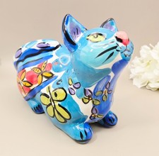 Vintage Kathryn Young by Ganz Cat Piggy Bank Blue Floral Ceramic 7.5