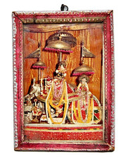 Vintage Hindu Lord Shri Radha Krishna Litho Print - Wooden Frame Wall Art picture