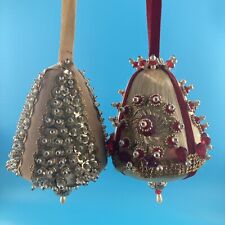 VTG Beaded Sequin Pin Red Gold  Victorian Bell Drop Christmas Ornaments 4.5” picture
