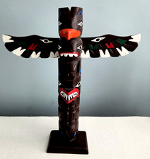 Vintage SIGNED Eagle Totem Pole Ketchikan Alaska Hand-carved Painted Wood 12