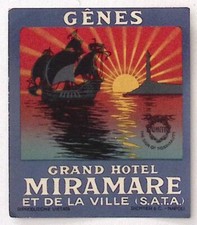 Grand Hotel Miramare GENES GENOA ITALY c1940 Art Deco Luggage Label 2.75