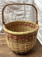 Large Vintage Splint Wood Market Gathering Basket 9x7 w/ Swing Handle picture