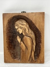 Vintage VIRGIN MARY MADONNA Carved Wooden Plaque Prayer Religious 10x8 1978 picture