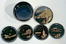 VTG Aizu Wakamatsu Japanese Lacquer Coaster SEt Black Gold Pagoda Mt Fuji 4 Pc picture