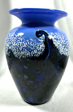 2001 G MAD ART GLASS VASE BLUE SPARKLING SWIRLS WITH WHITE picture