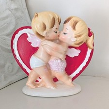 Vintage Lefton Kissing Cherubs Heart Valentine Ceramic Planter Japan 2773 picture