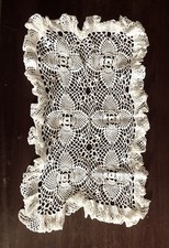 VTG Handmade White Crochet Table Runner Doily Ruffled Edges 15x9” - Nice picture